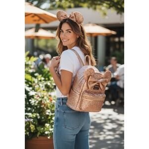 Loungefly Rose Gold Sequin Minnie Mouse Ears Backpack Headband Set